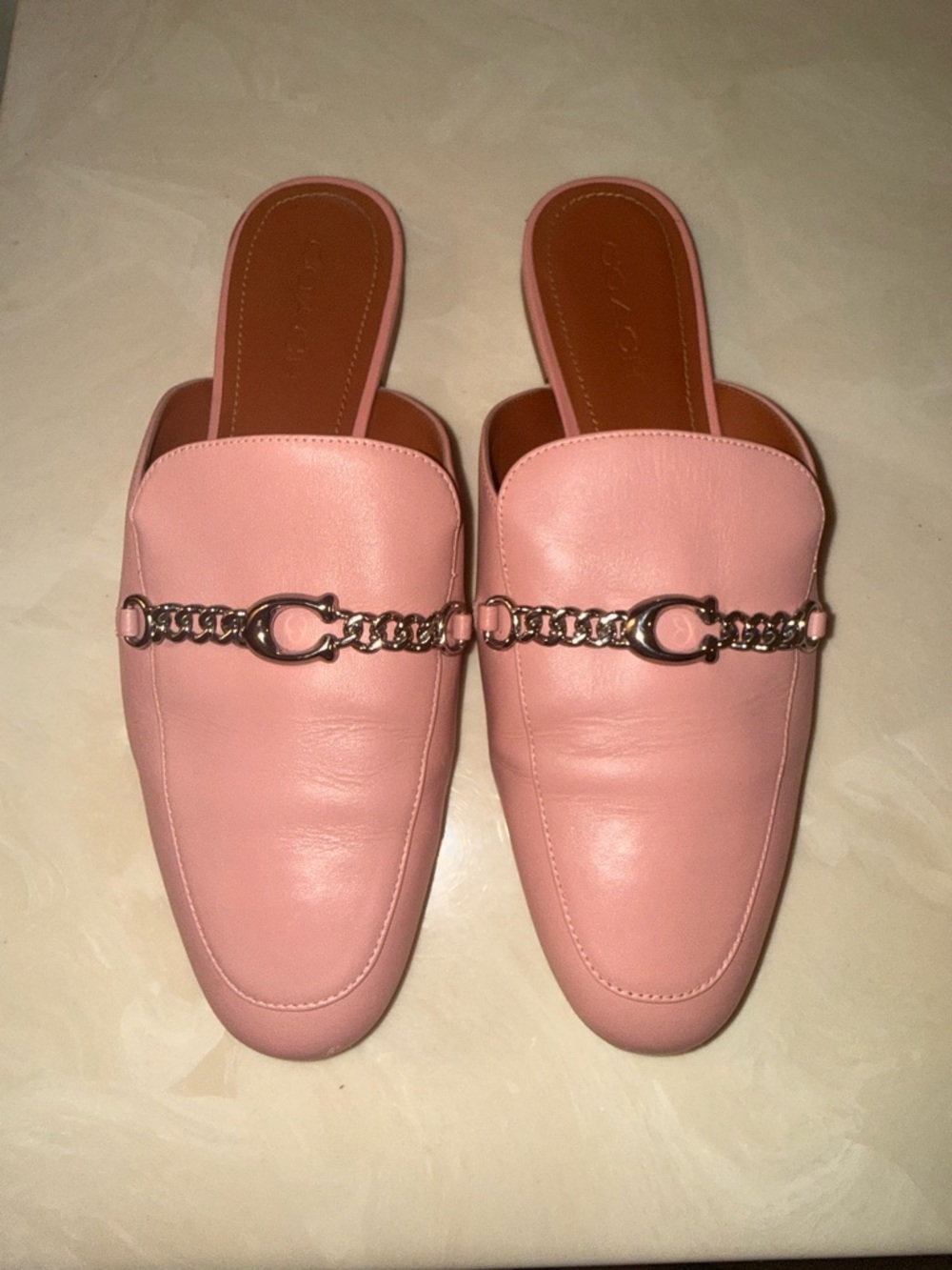 Coach Pink Leather Chain-Trim Mule Slides